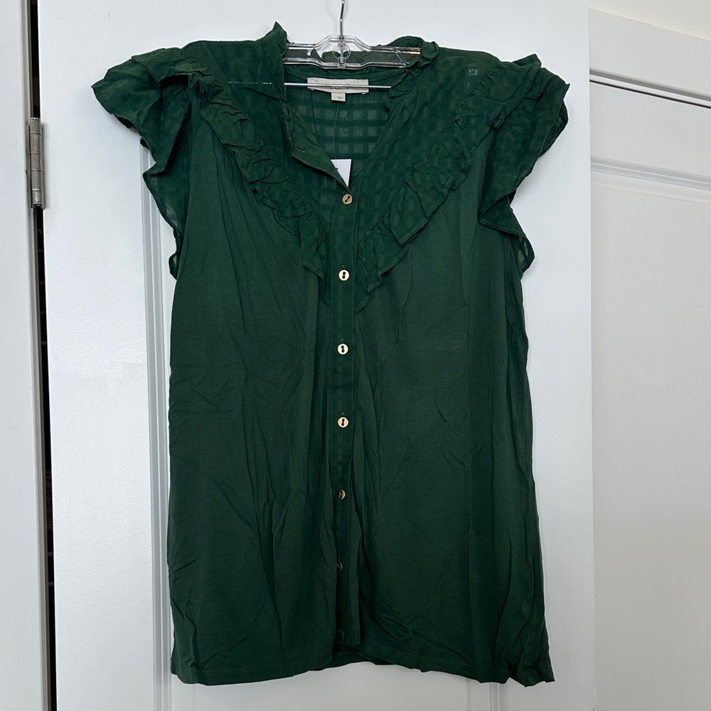 LOFT Dark Green Ruffled Button-Front Blouse